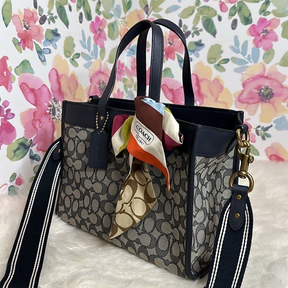 Coach Signature Jacquard Field Tote 30 Navy Blue Crossbody Bag - Picture 13 of 17